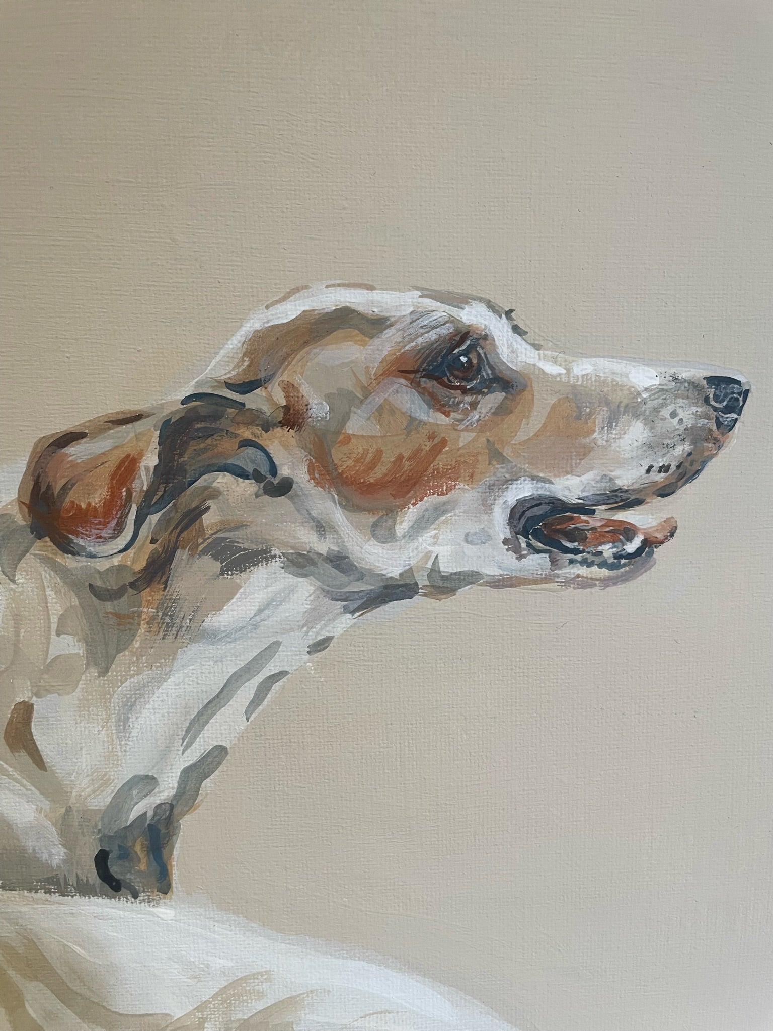 This painting shows three hounds ready to go hunting. These three each have their own characters. The background colour of the painting is a creamy beige.
