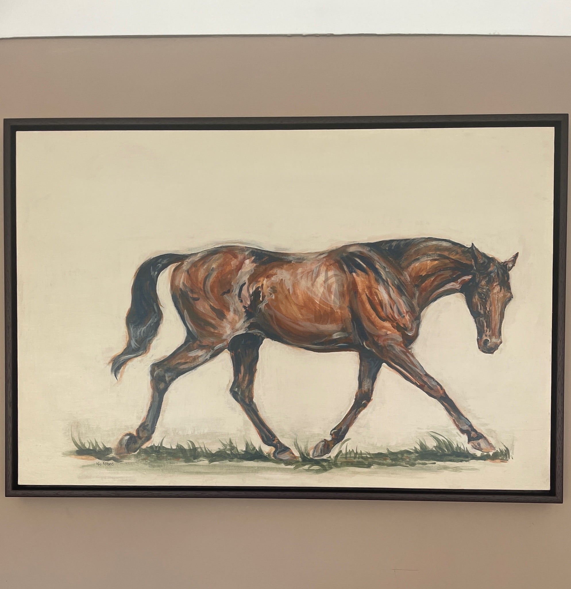 This painting shows a horse in full trot. The spirited horse in this painting is anatomically detailed with a freedom of brushstrokes to convey movement. He has a lot of attitude and does not want to be caught.