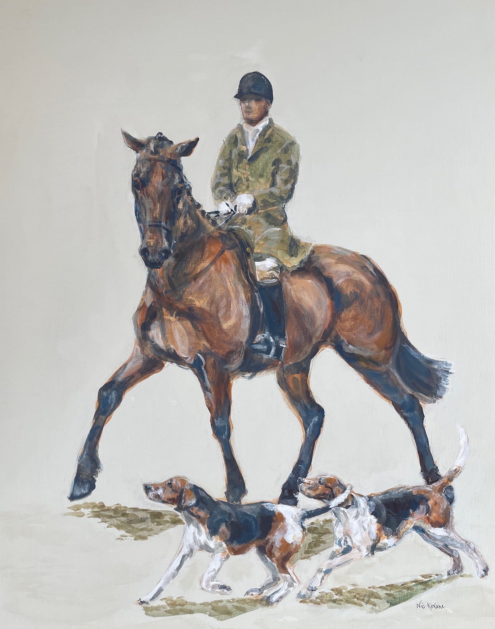 This painting captures a huntsman and hounds setting off from the hunt meet.  The horse is shying at the two hounds who have rushed up to his side in fear of being left behind.