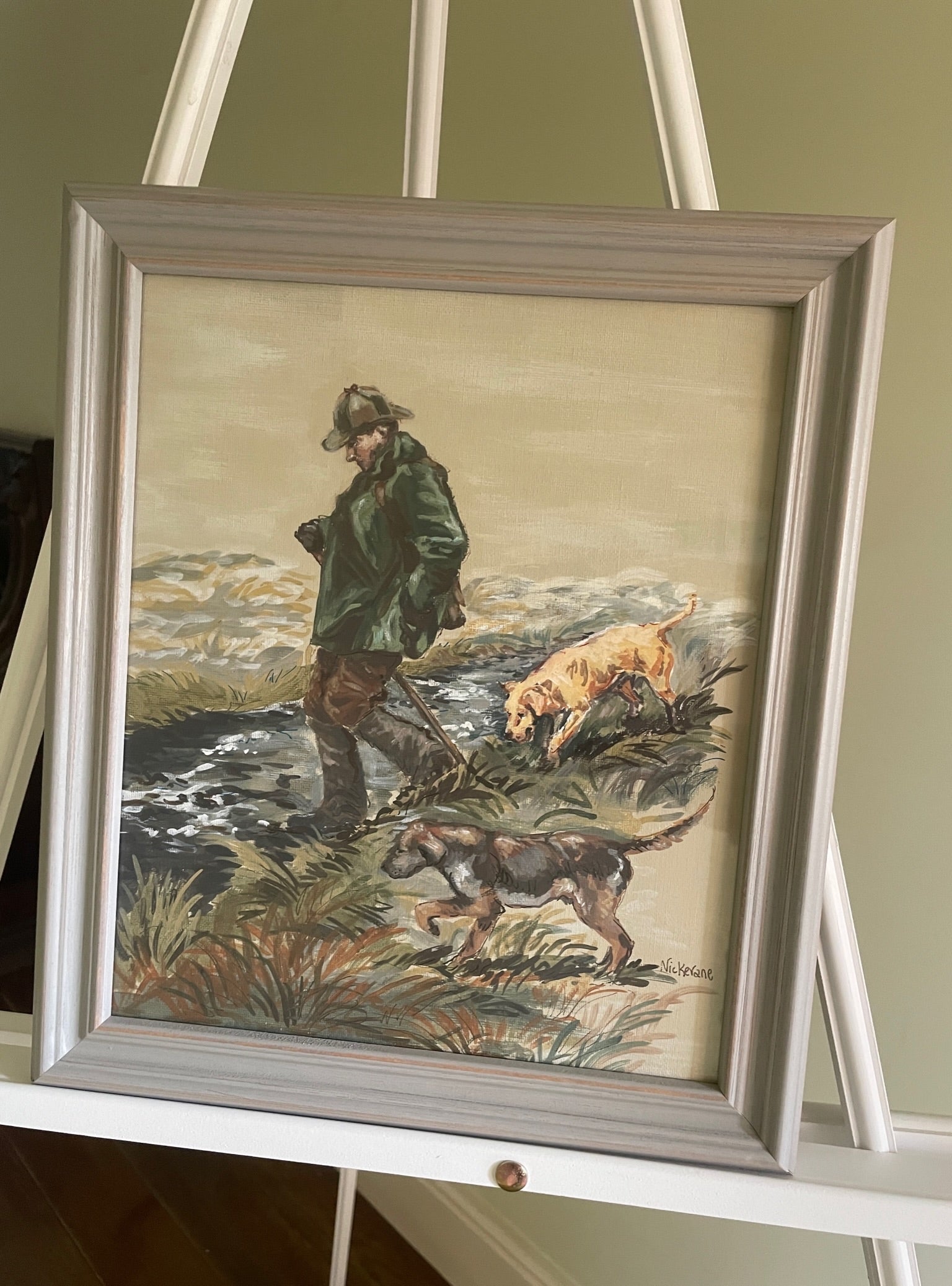 This painting shows a moorland walk of a ghillie with his two working companions. The soft autumn colours enhance this painting.