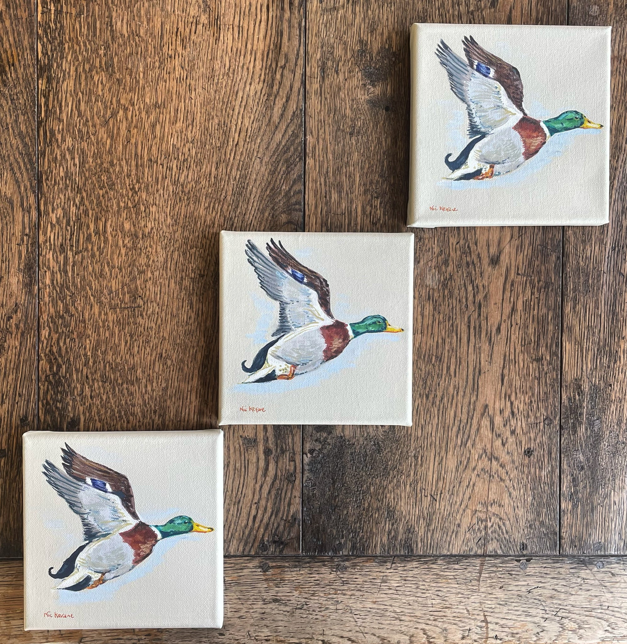 Flying Ducks - My mini paintings depict various countryside subjects painted on soft off-white backgrounds.