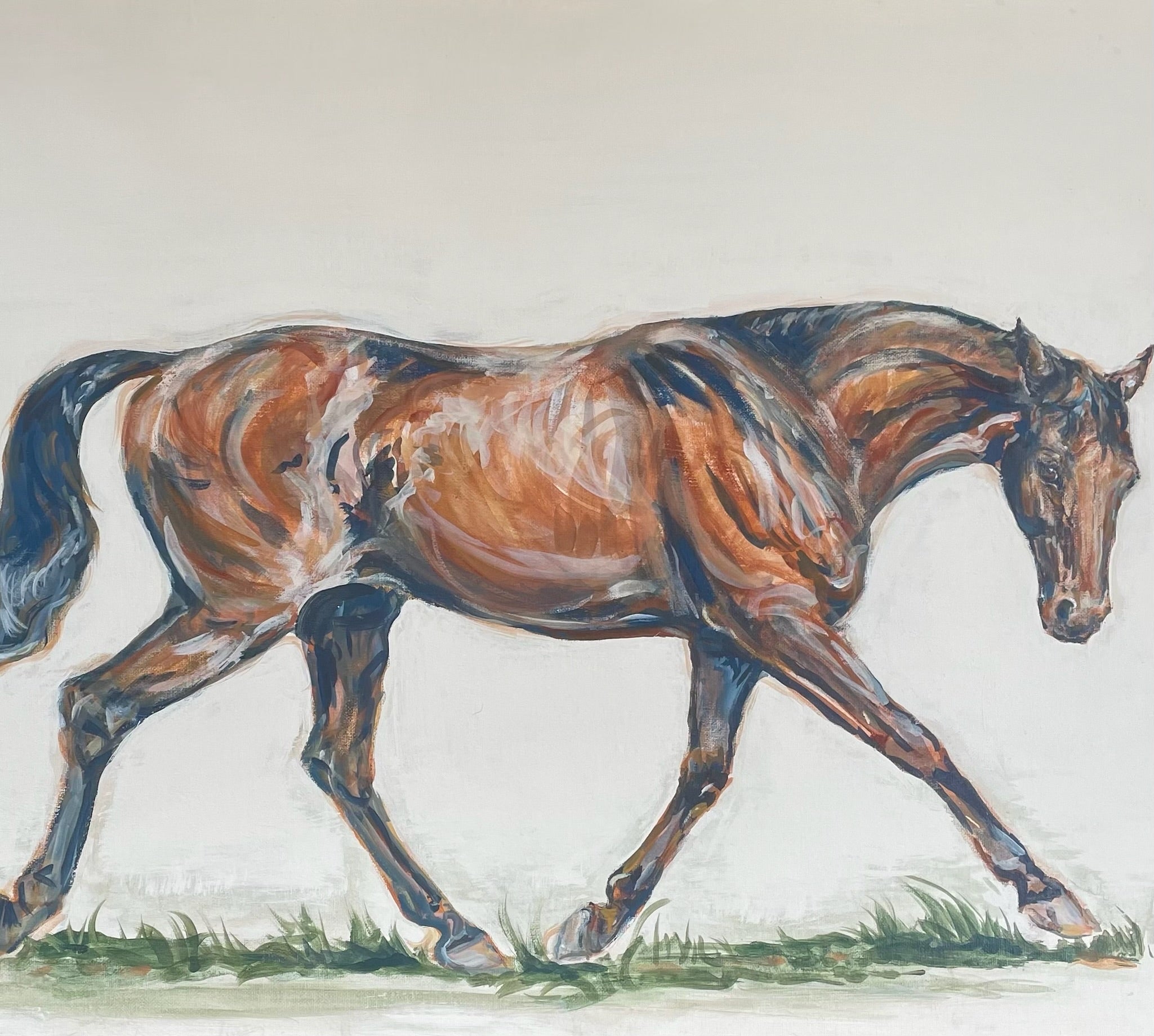 This painting shows a horse in full trot. The spirited horse in this painting is anatomically detailed with a freedom of brushstrokes to convey movement. He has a lot of attitude and does not want to be caught.