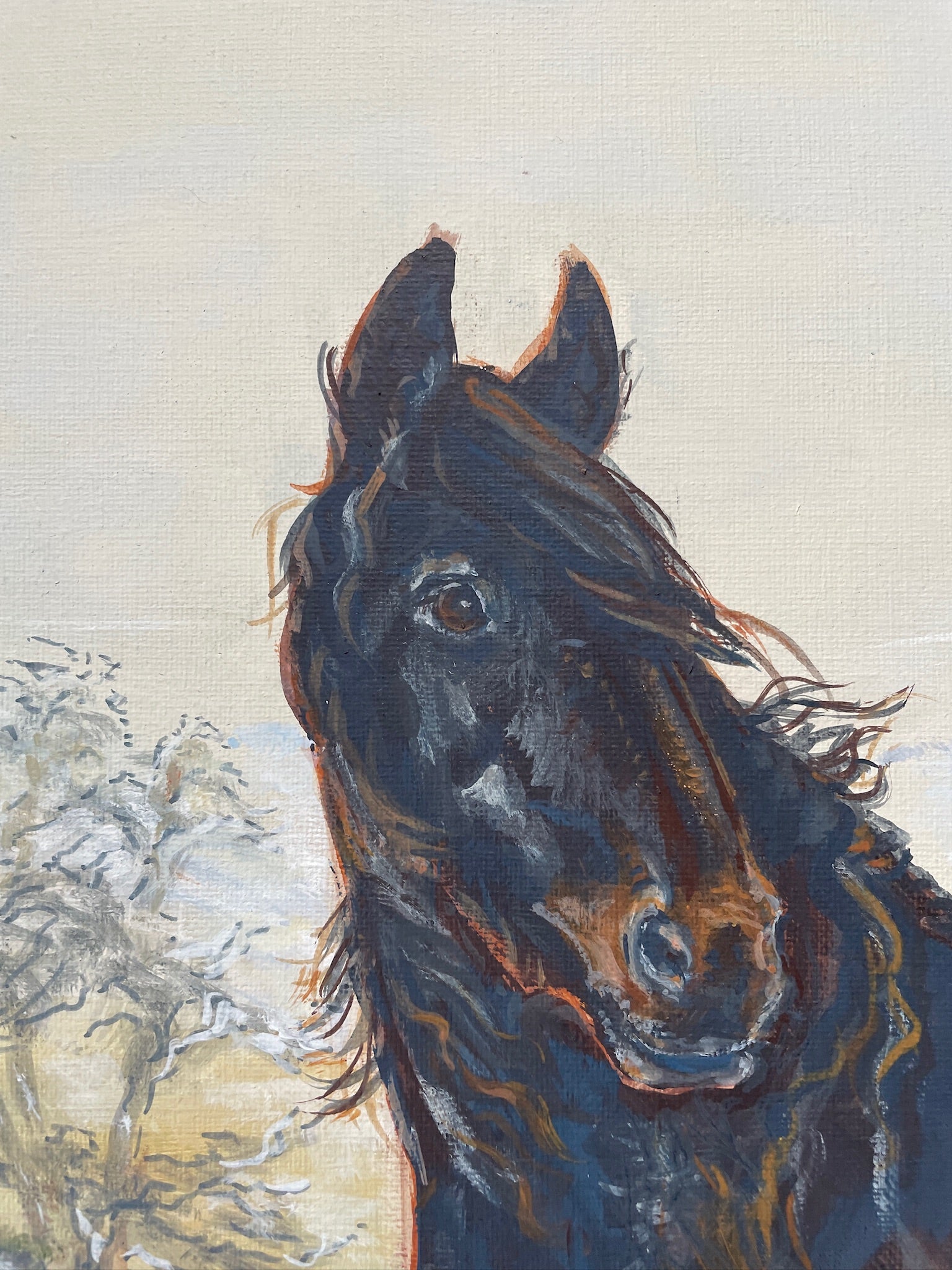 The focus of this painting is a majestic Dales pony in the rugged countryside terrain of the Yorkshire Dales. 