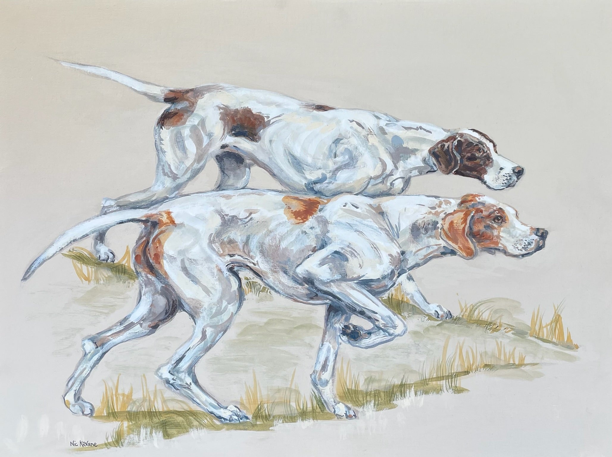 English Pointers -  two traditional gundogs hunting.  A painting of a working dog breed inspired by old country sporting prints.