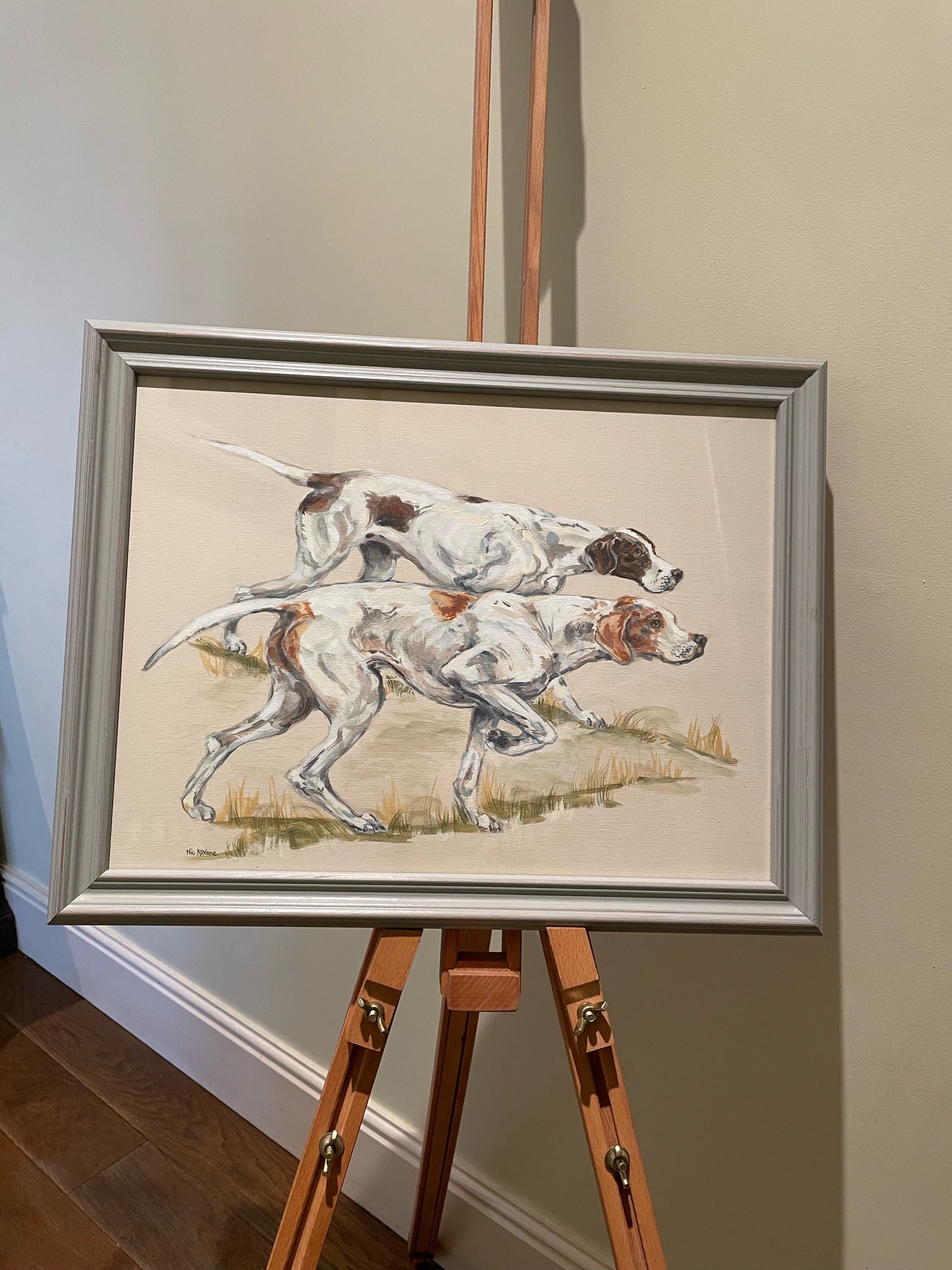 English Pointers -  two traditional gundogs hunting.  A painting of a working dog breed inspired by old country sporting prints.