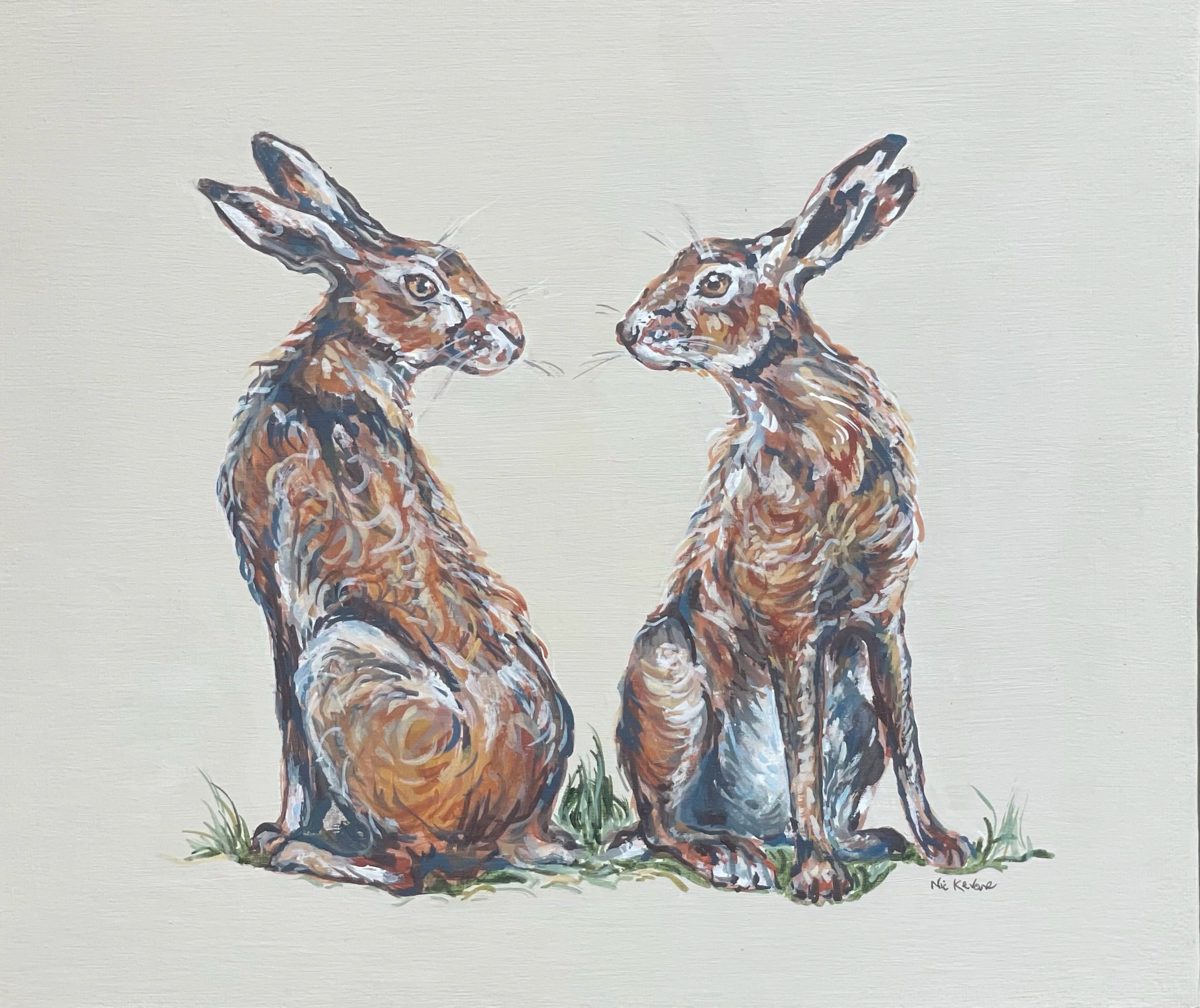 This painting features two hares in a heart shaped composition.   These characterful hares have been spied before they leap across the countryside meadow.