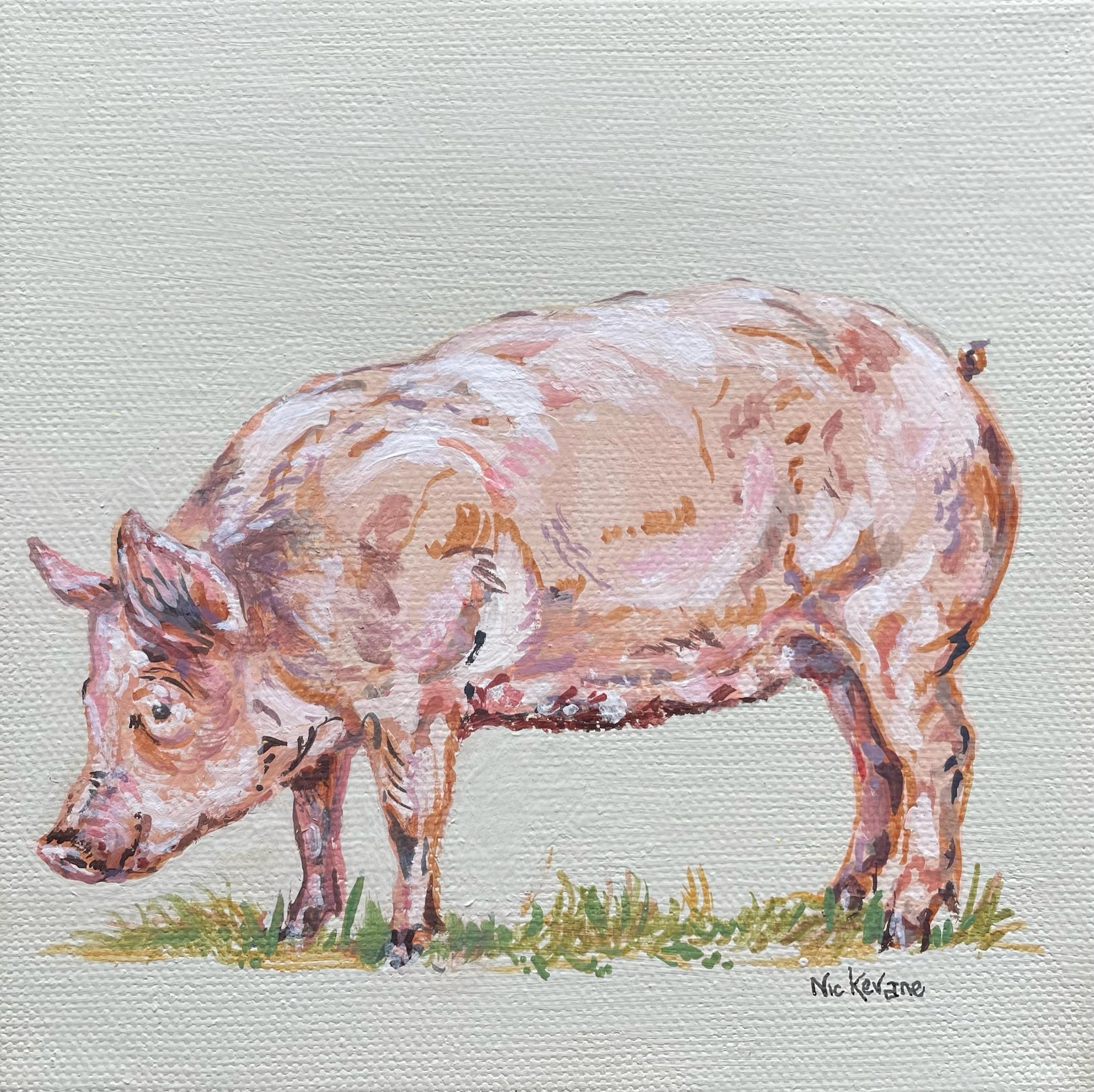 Happy Pig - My mini paintings depict various countryside subjects painted on soft off-white backgrounds.