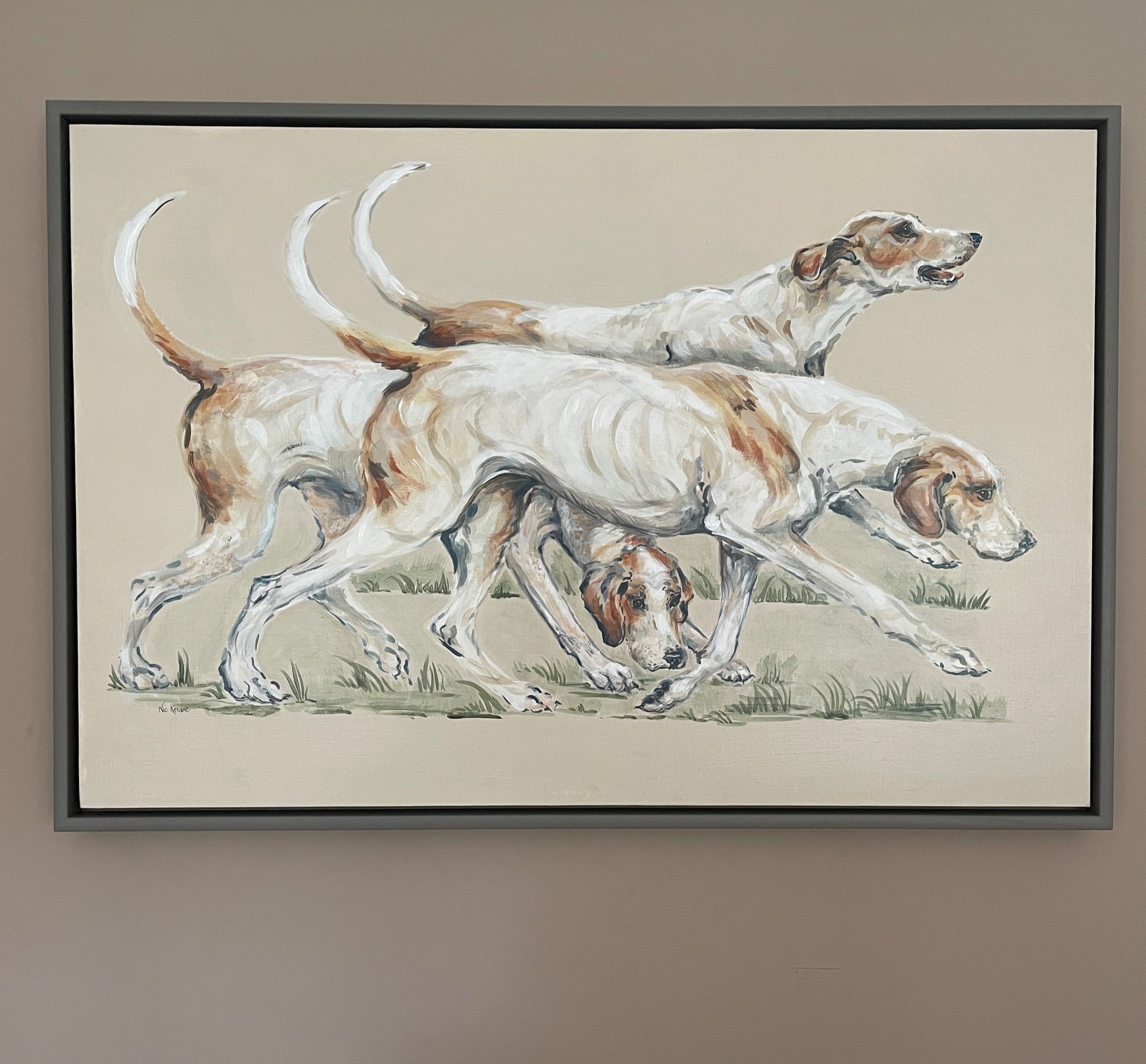 This painting shows three hounds ready to go hunting. These three each have their own characters. The background colour of the painting is a creamy beige.