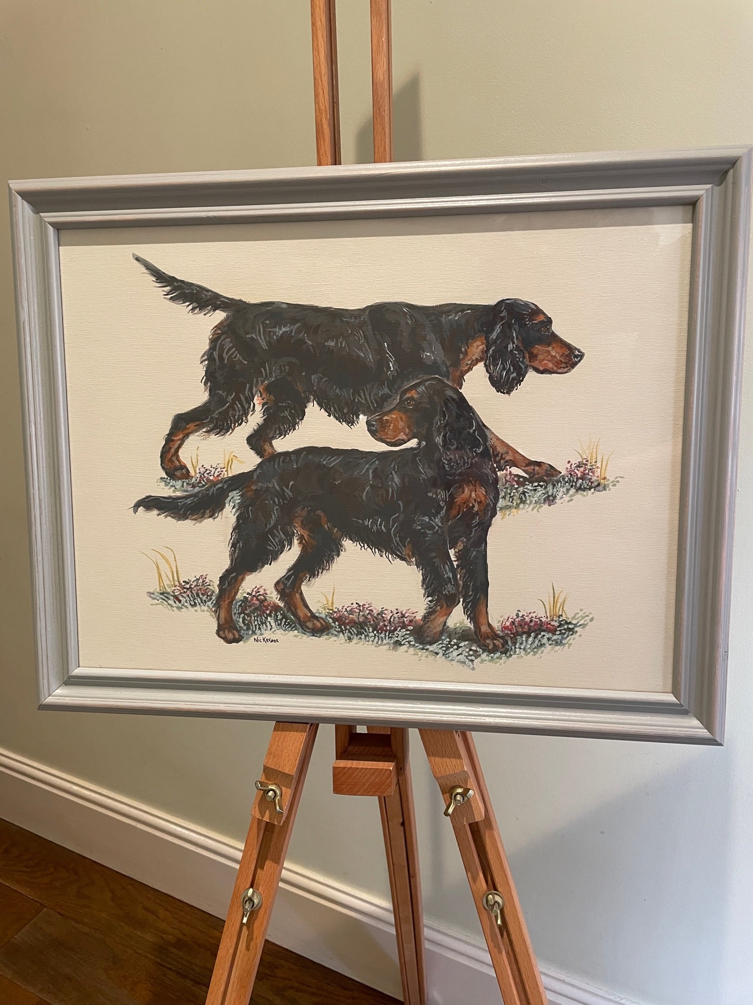This painting shows two traditional gundogs hunting. I love to paint working dog breeds. Inspired by old country sporting prints.
