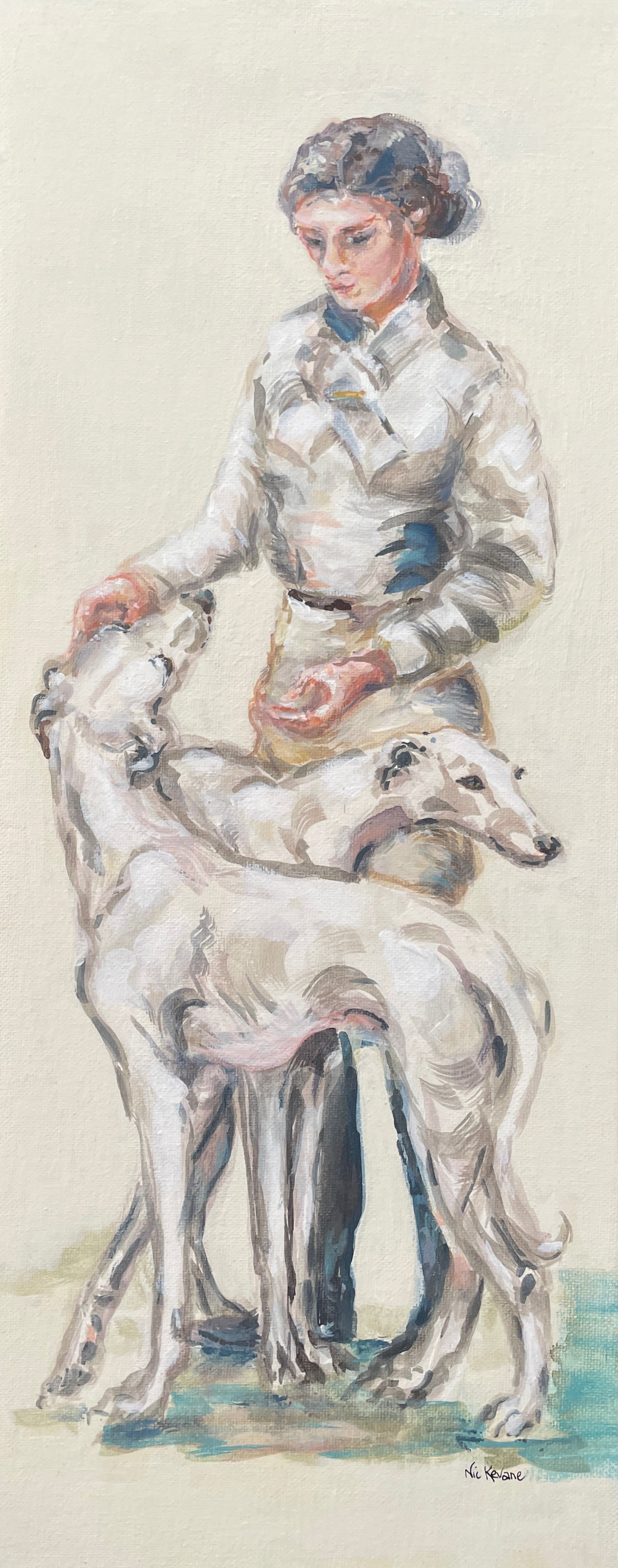 These paintings illustrate the timeless connection of people to their dogs. The elegance of gesture and devoted expression of the pale greyhounds is reminiscent of Art Deco decoration.