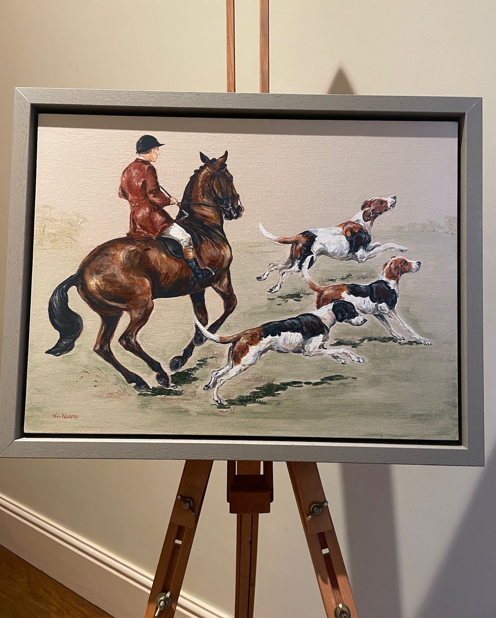 Fresh depicts an enthusiastic horse and accompanying hounds raring to gallop across an open field. 