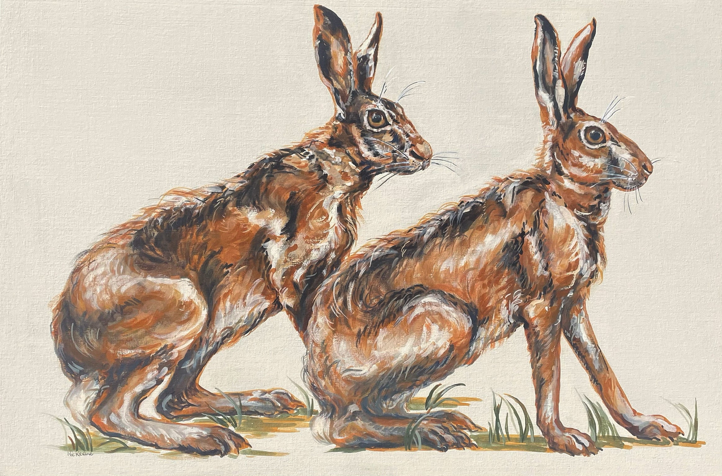 Chary Hares is a painting of wary hares before they dash away.  Their coats are beautiful to paint, with many shades of grey and brown.  Chary is another word meaning wary. This is part of a study of hares, the other being my painting  Leery Hares.