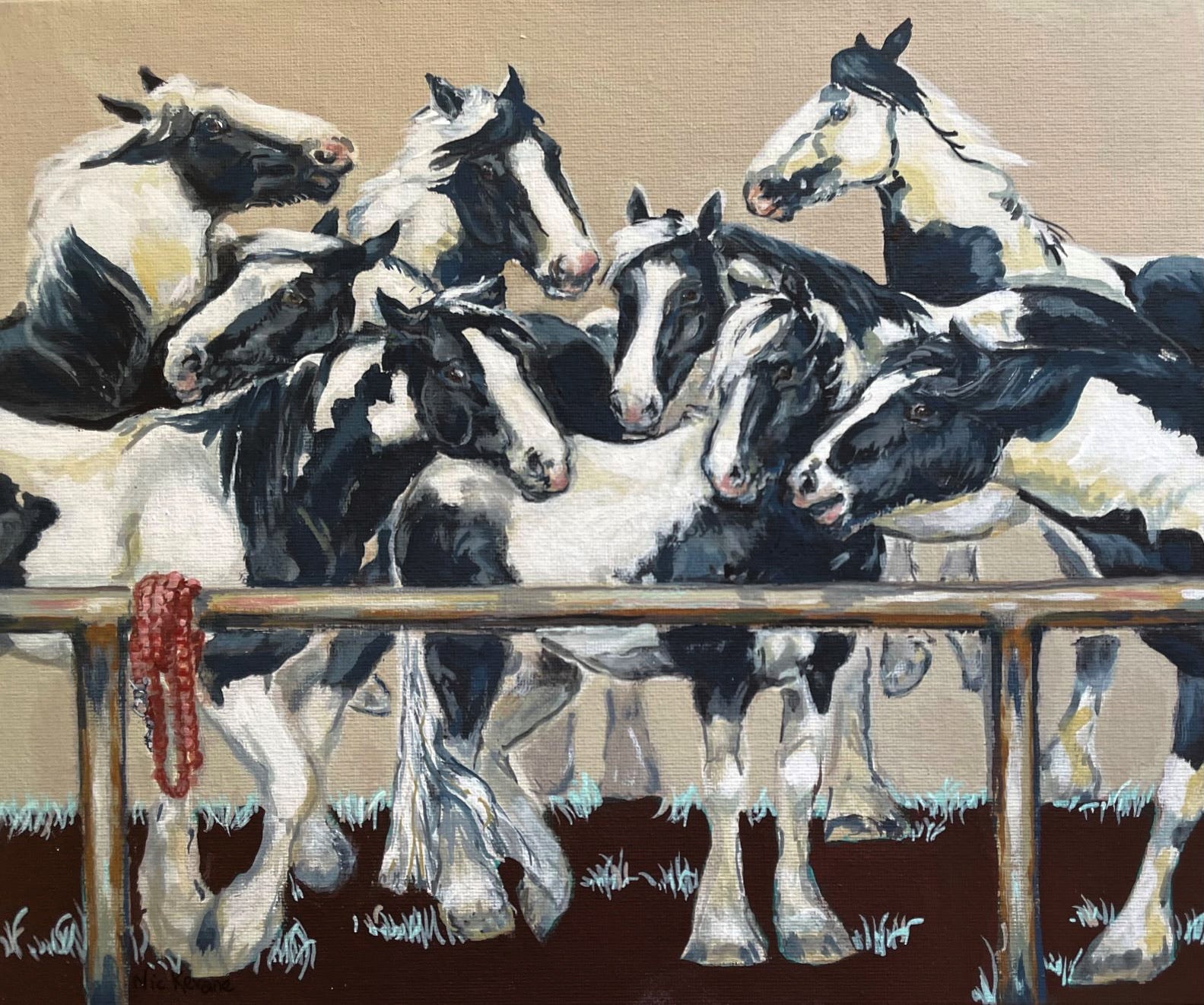 Piebald Ponies - A framed painting of black and white horses