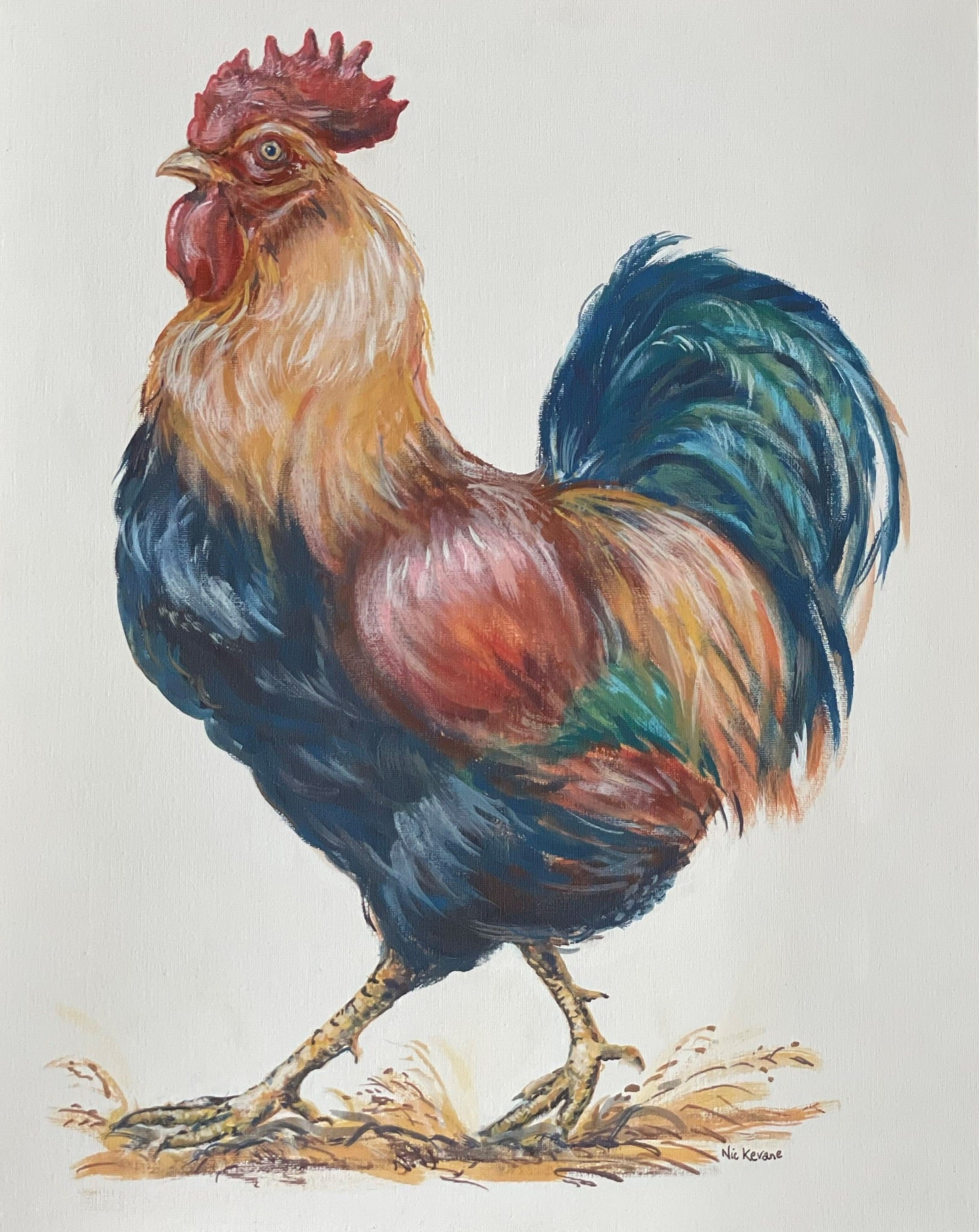 An impressive strutting cockerel painting. The iridescent plumage of chickens is beautiful, the self-important demeanour of the cockerel is quite comical.