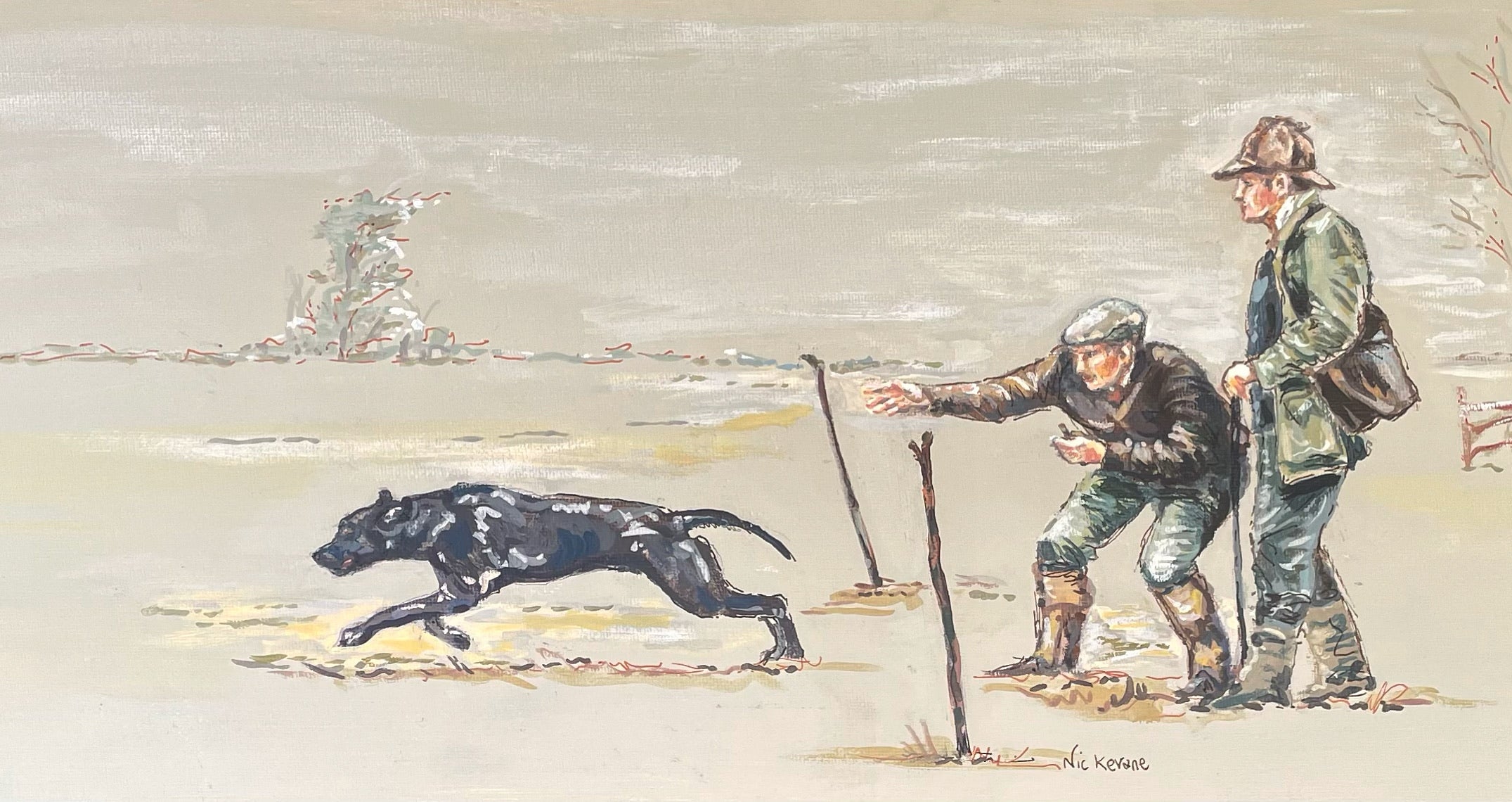 This painting depicts a gundog taking part in a working gundog test.  Canvas dummies are used and the test replicates a day shooting.  The background to this atmospheric painting is a pale neutral brown/grey.