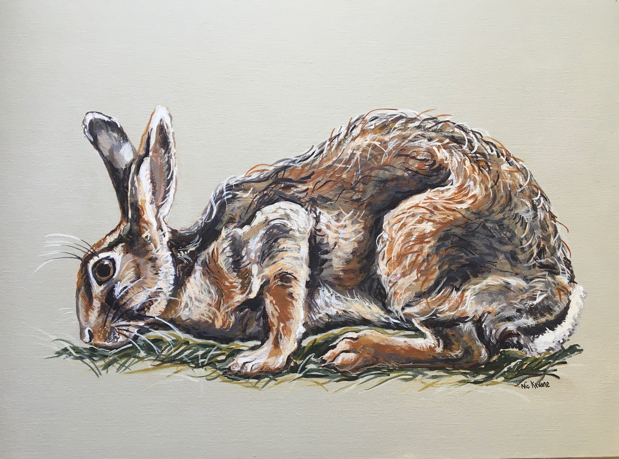 A painting of a grazing hare. The artistic rendering of the fur accentuates the fluidity of the hare’s form. 