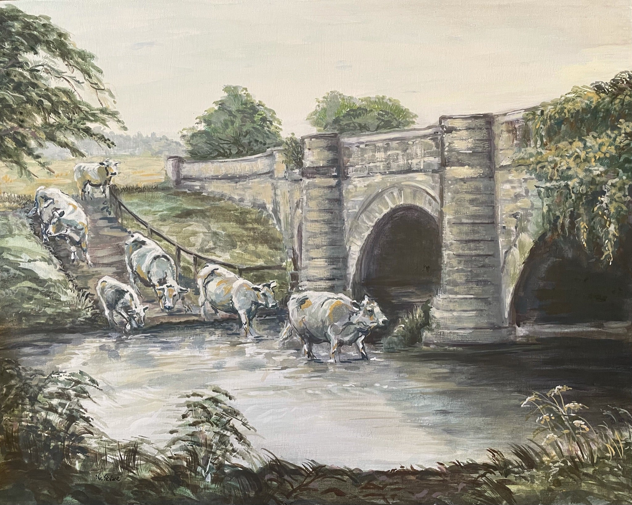 The bridge at Howsham  This painting of cattle descending their bespoke ramp to cool off in the river.