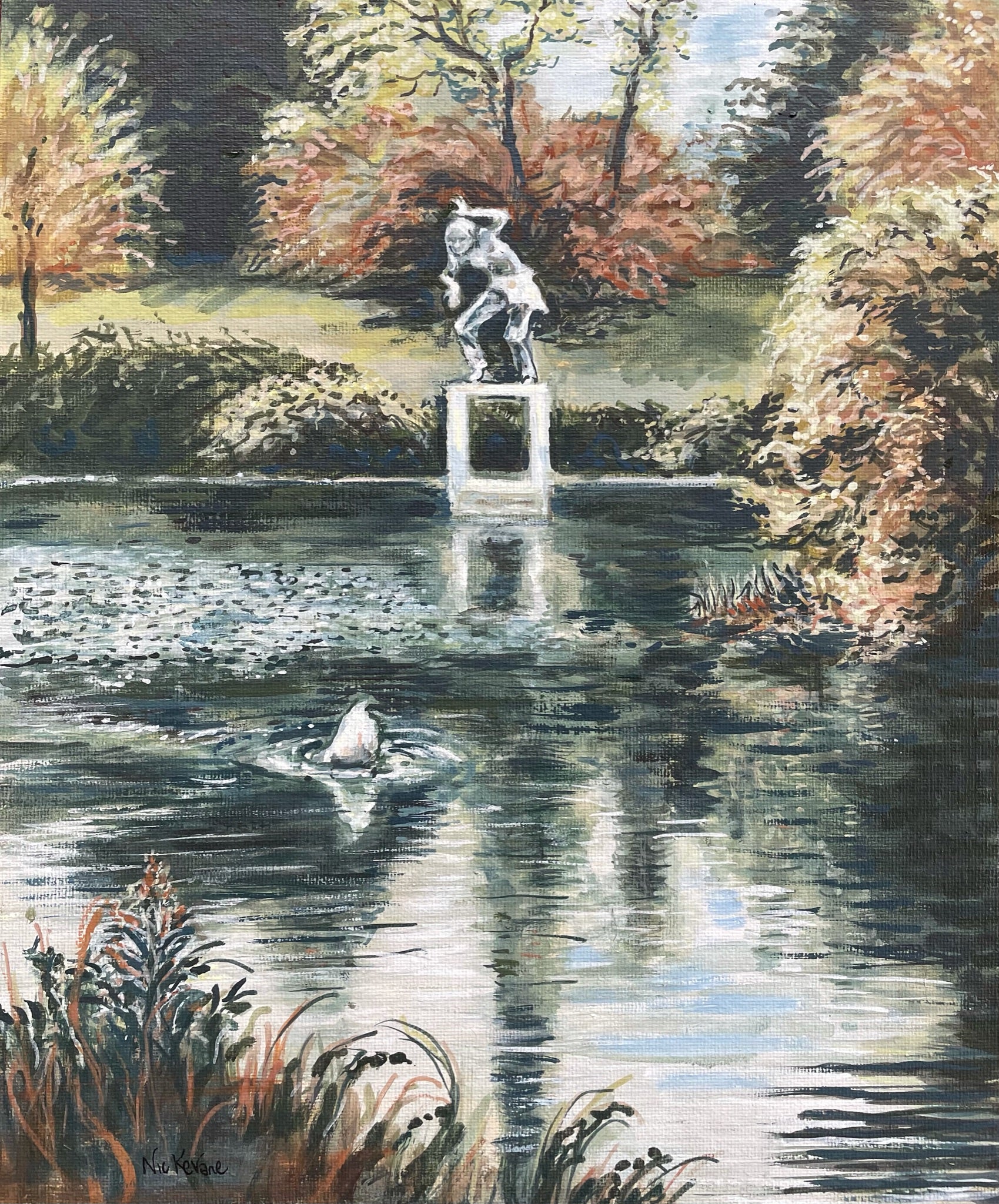 Diana and the swan  A landscape painting of a corner of the Yorkshire Sculpture Park