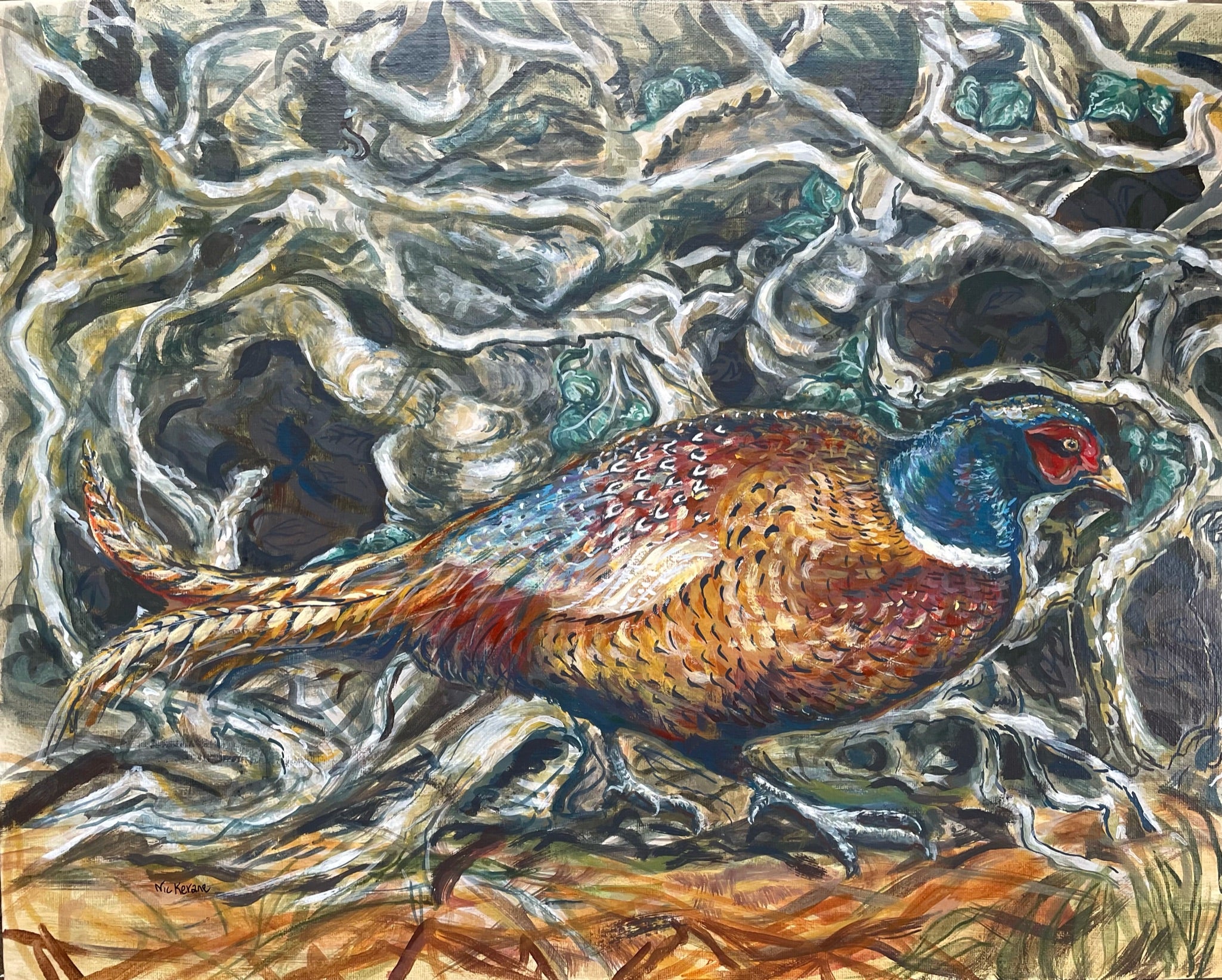 Pheasant in the hedge  This painting depicts a pheasant darting through the bottom of a native hedge.