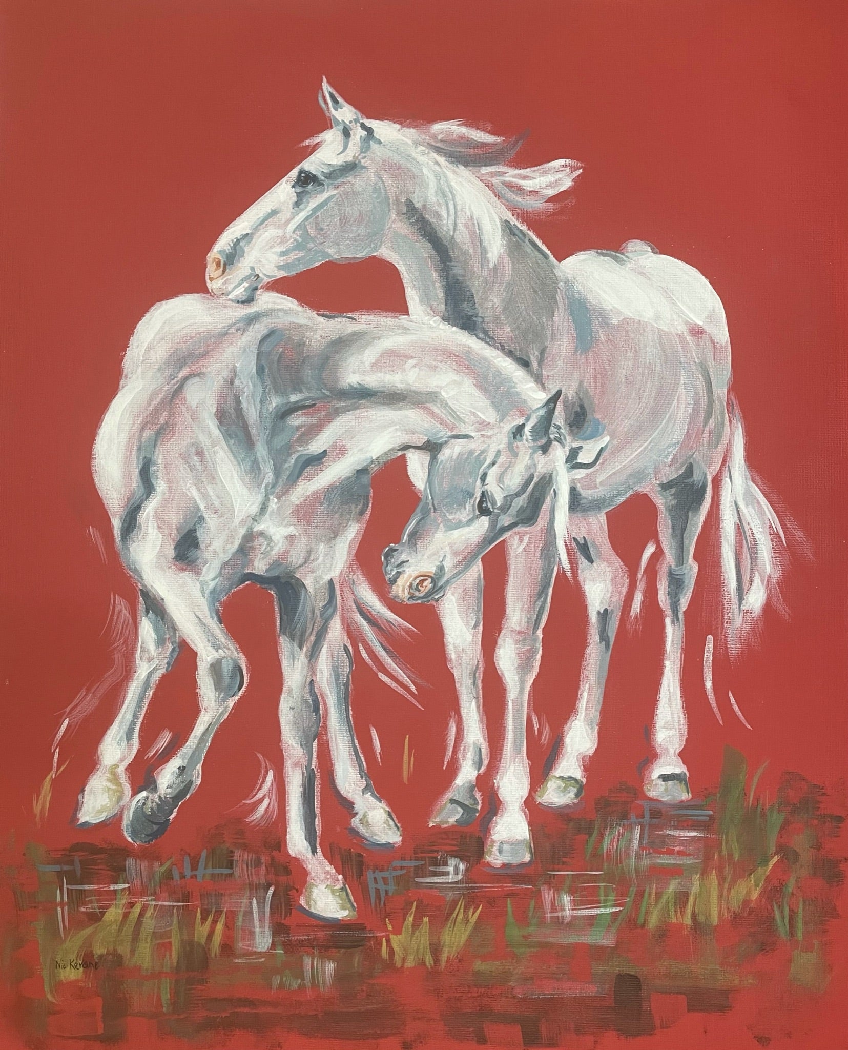 A striking original painting of two silver grey horses on a red background.