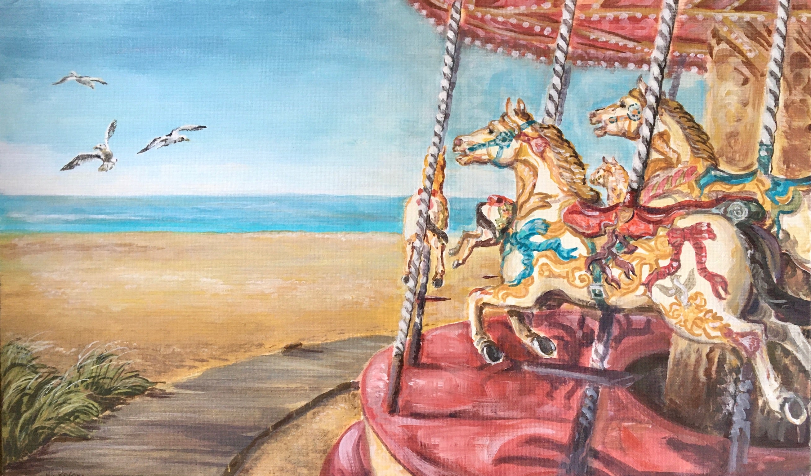 This painting depicts a traditional fairground carousel. The main horse in my painting of a merry go round, is looking rather wistfully at the freedom of the seagulls in the sky above the inviting beach.