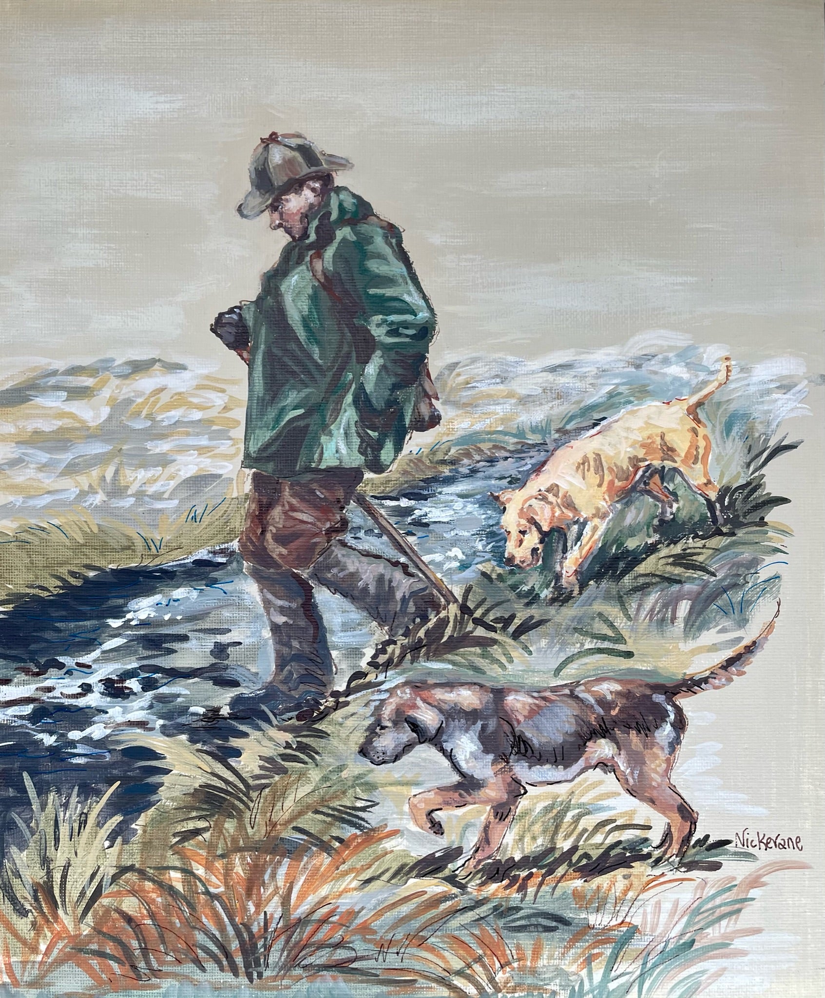 This painting shows a moorland walk of a ghillie with his two working companions. The soft autumn colours enhance this painting.
