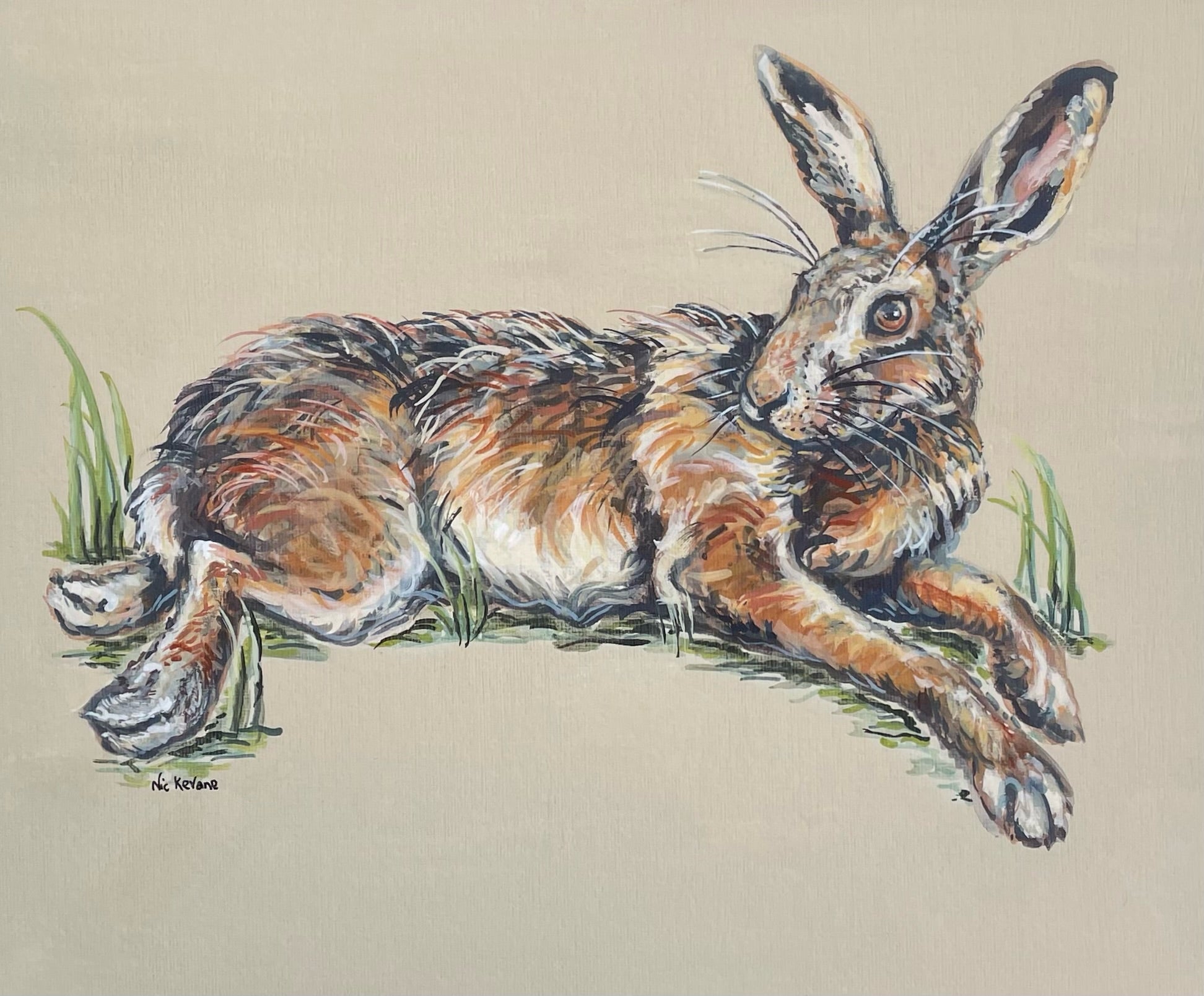 This fine art giclee print shows a hare relaxing in the warmth of the sun.  Inspired by two hares lying in a field of winter wheat in springtime.