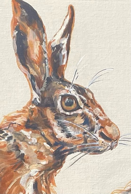 Chary Hares is a painting of wary hares before they dash away.  Their coats are beautiful to paint, with many shades of grey and brown.  Chary is another word meaning wary. This is part of a study of hares, the other being my painting  Leery Hares.