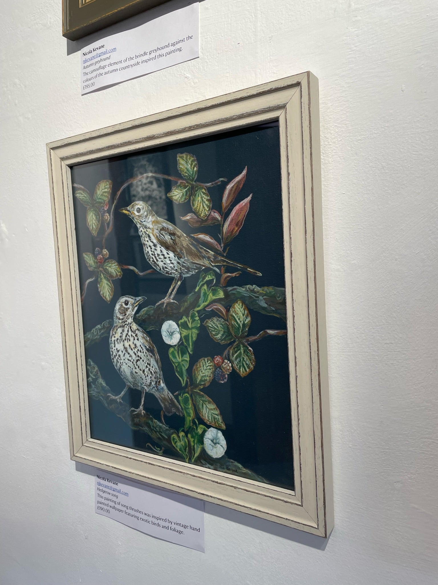 This painting of songthrushes was inspired by the vintage hand painted wallpaper in country houses depicting exotic birds and foliage. 