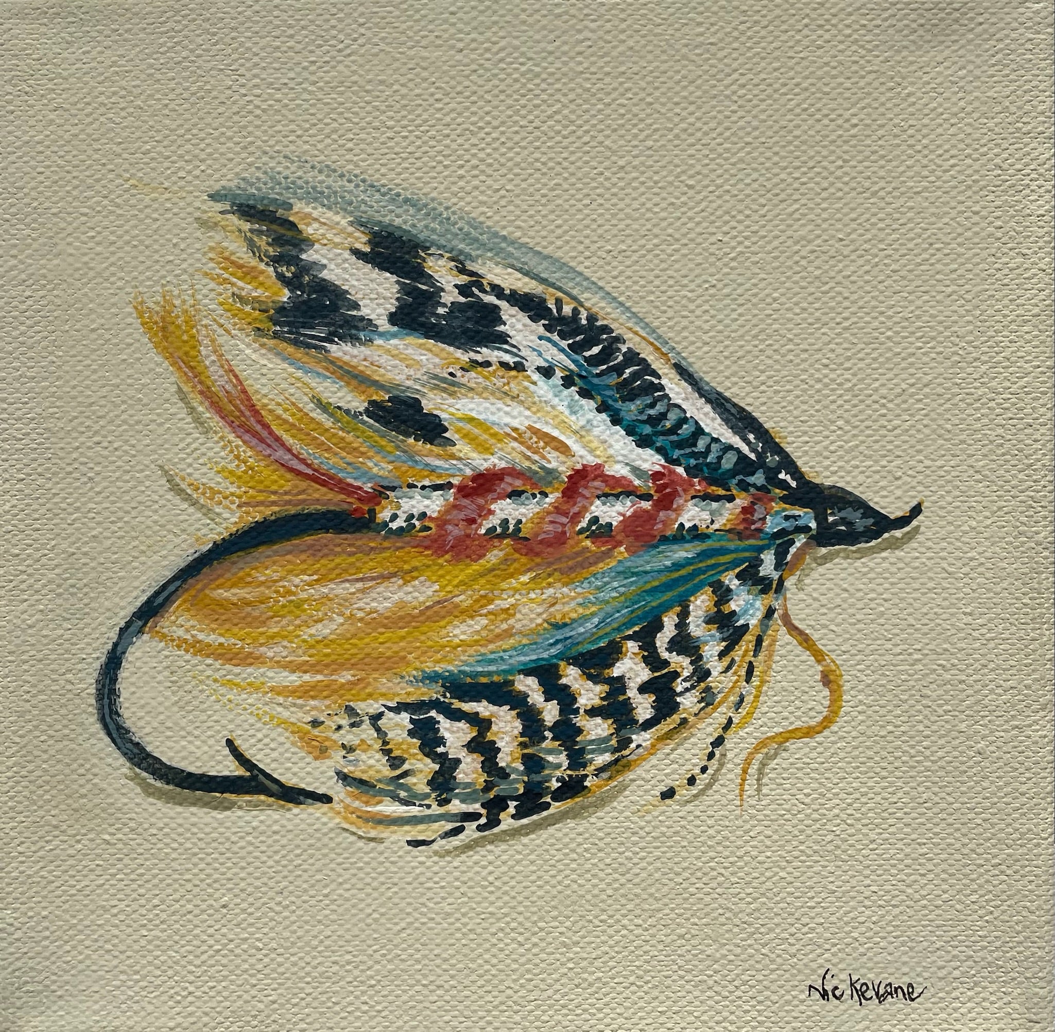 Striped Fishing Fly - 15cm x 15cm mini paintings depicting various countryside subjects.