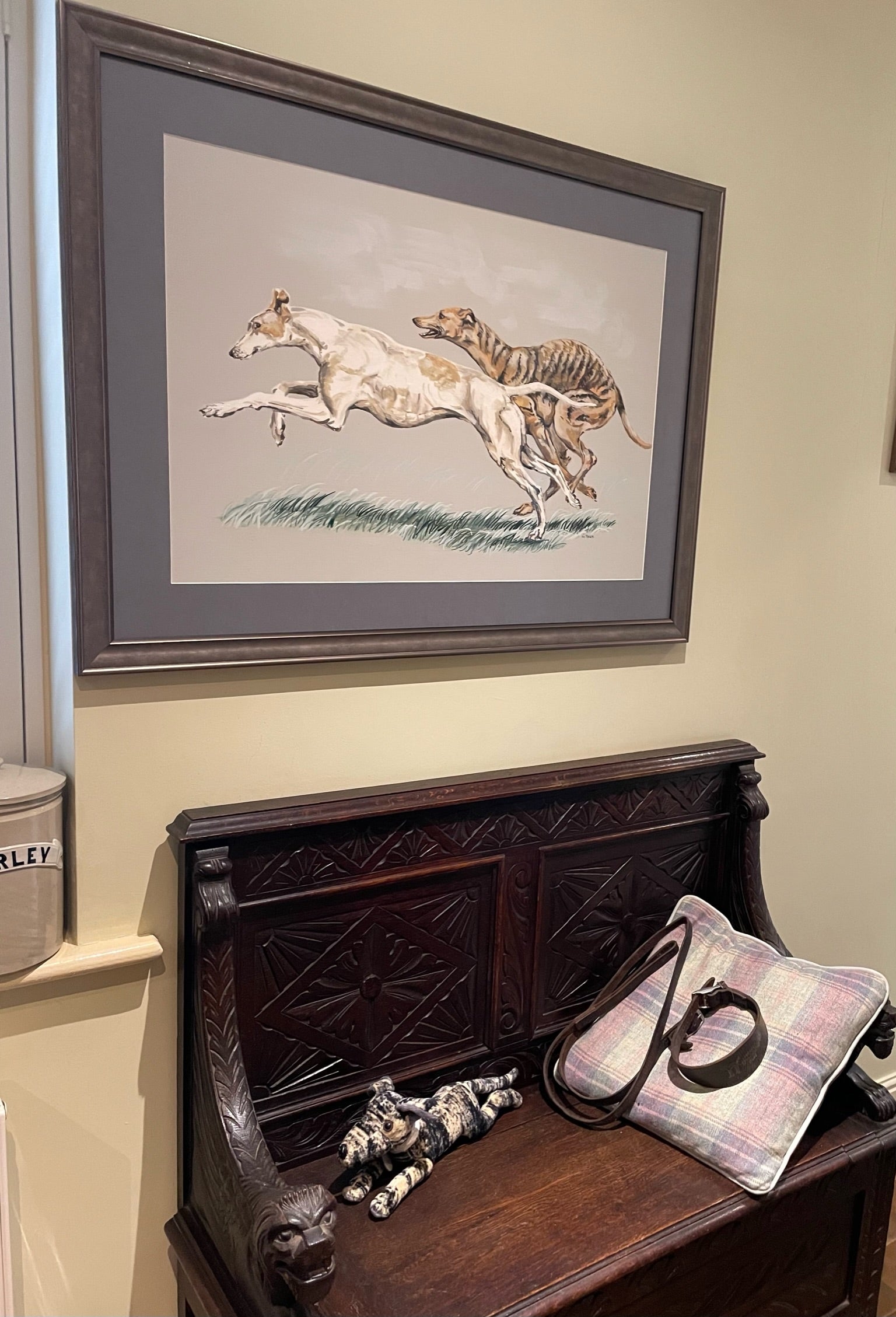  This painting shows two greyhounds racing with each other.  The greyhound is a wonderful piece of aerodynamic engineering, bred for purpose. They are a delight to paint as all their muscle and bone structure is ‘on show’.