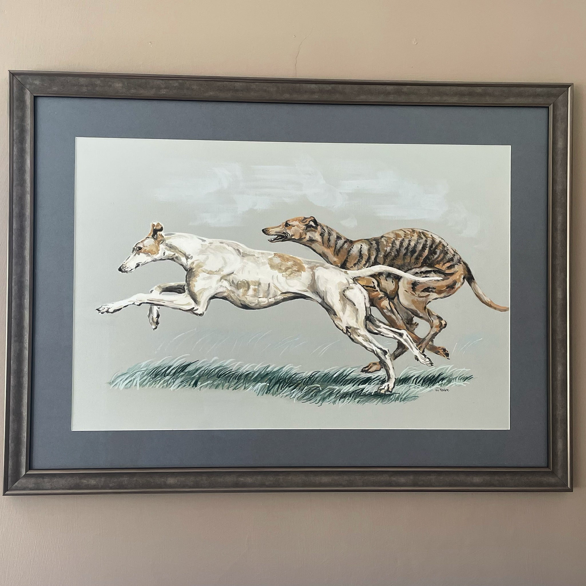  This painting shows two greyhounds racing with each other.  The greyhound is a wonderful piece of aerodynamic engineering, bred for purpose. They are a delight to paint as all their muscle and bone structure is ‘on show’.